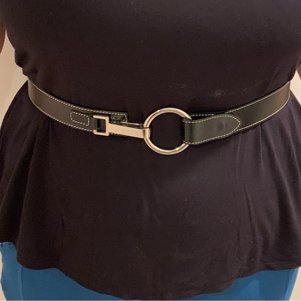 LOFT Black Leather Belt with Silver Clasp and Ring